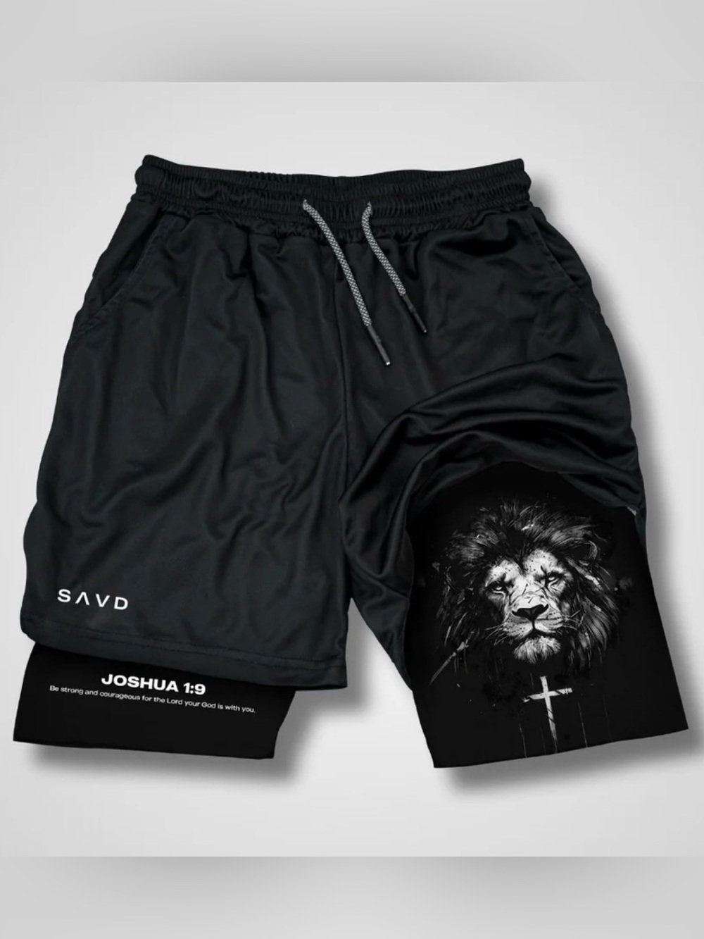 SAVD  Black Athletic Shorts Lion Graphic Compression Liner 8" MensXS 12-14years